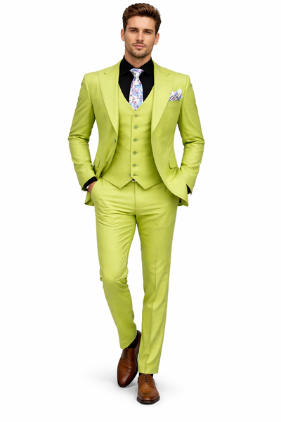 Men's Lime Green Three-Piece Suit with Floral Tie – Slim Fit Tuxedo for Weddings & Parties