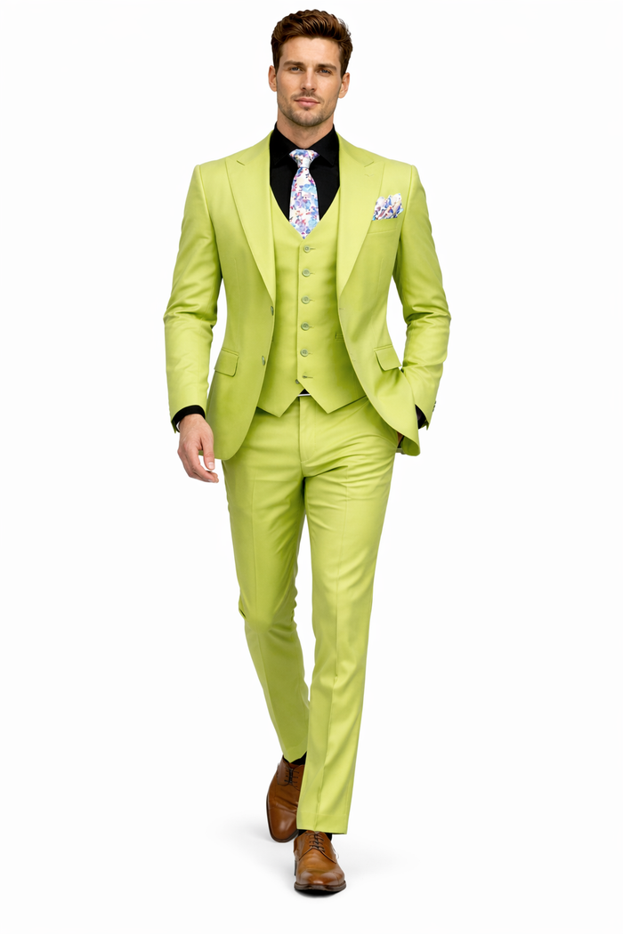 Men's Lime Green Three-Piece Suit with Floral Tie - Slim Fit Tuxedo for Weddings & Parties by USA Men's Outlet