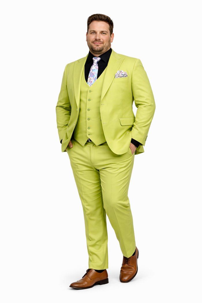 Men's Lime Green Three-Piece Suit with Floral Tie - Slim Fit Tuxedo for Weddings & Parties by USA Men's Outlet
