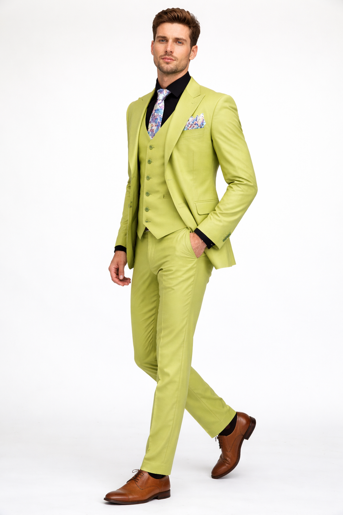 Men's Lime Green Three-Piece Suit with Floral Tie - Slim Fit Tuxedo for Weddings & Parties by USA Men's Outlet