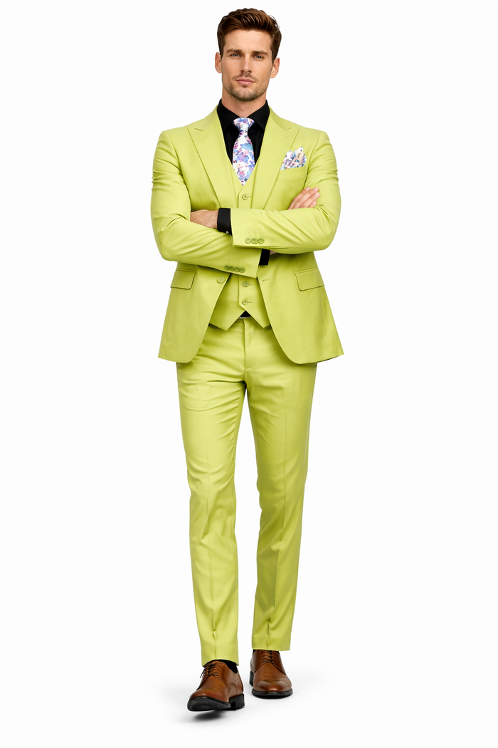 Men's Lime Green Three-Piece Suit with Floral Tie - Slim Fit Tuxedo for Weddings & Parties by USA Men's Outlet