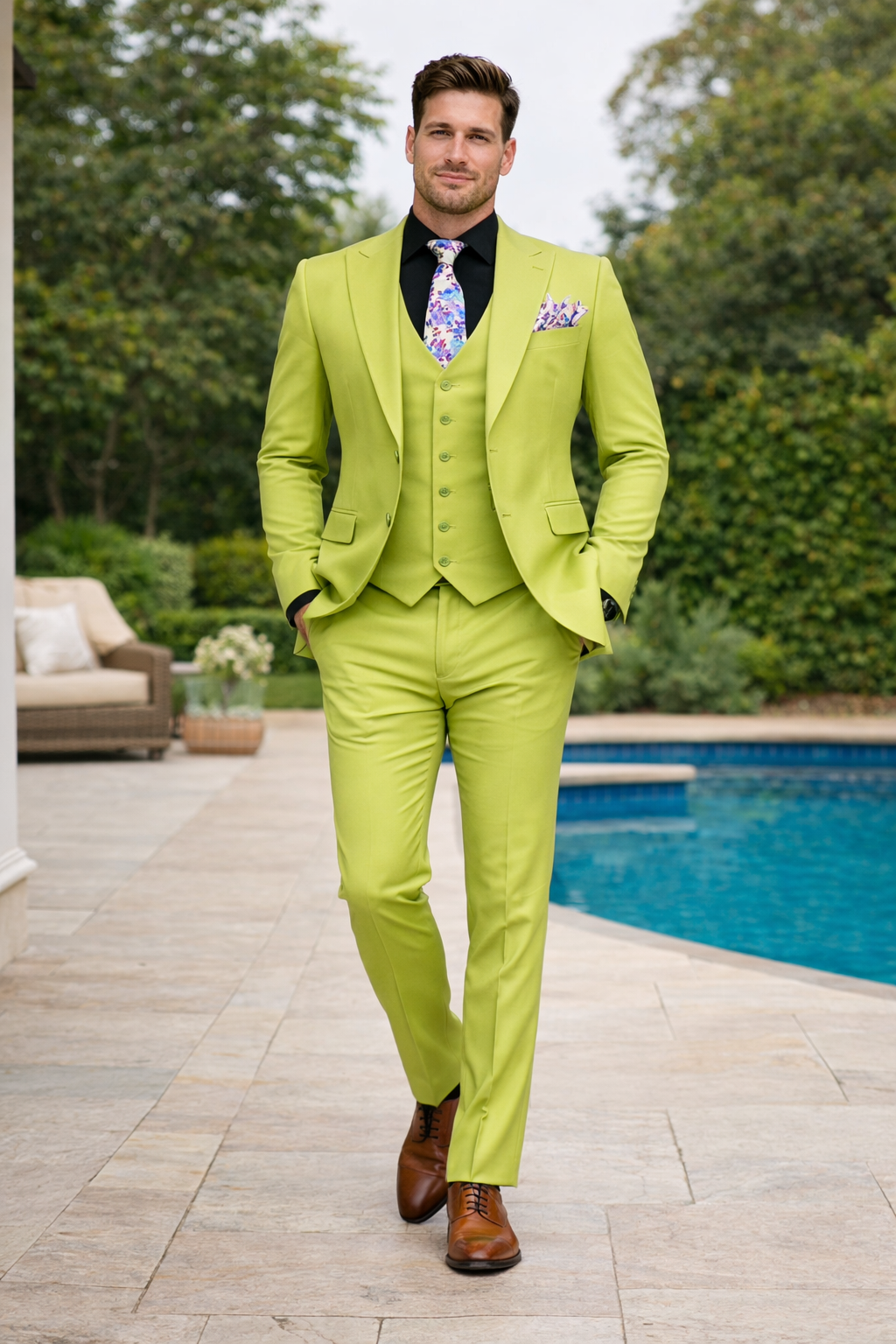 Men's Lime Green Three-piece Suit With Floral Tie Slim Fit Tuxedo Weddings & Parties Usa Outlet 34 Short or Extra Small