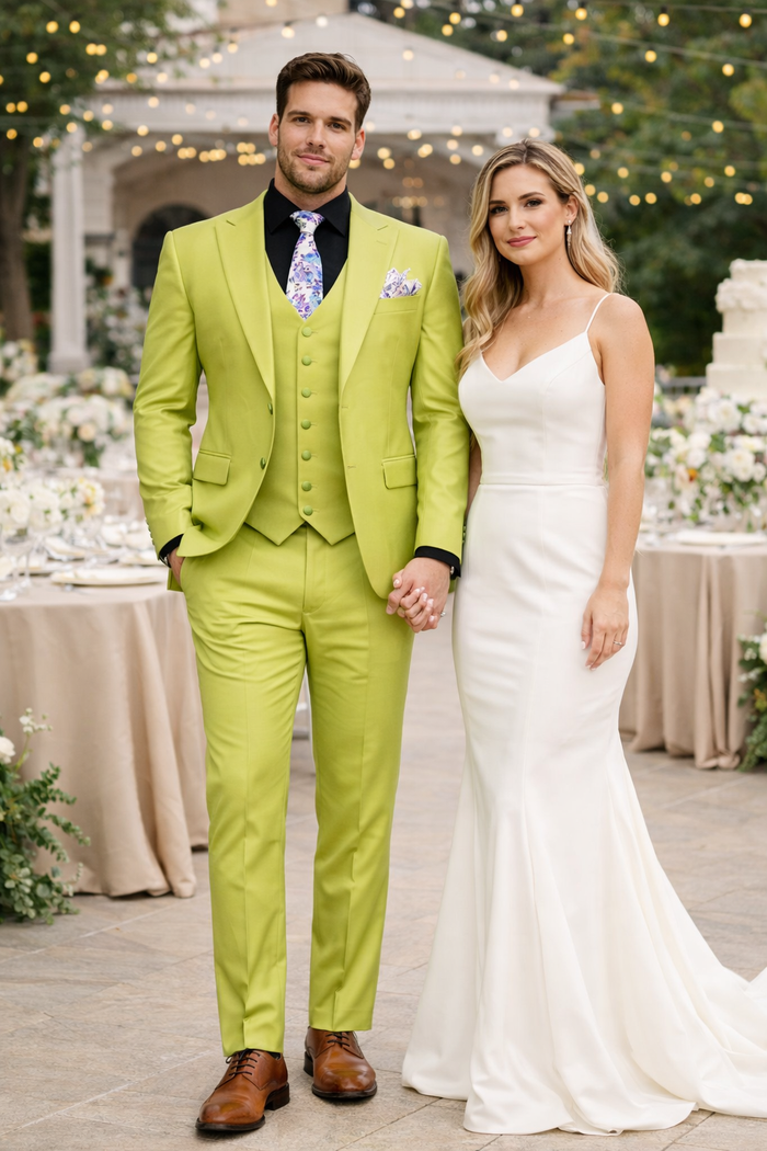 Men's Lime Green Three-Piece Suit with Floral Tie - Slim Fit Tuxedo for Weddings & Parties by USA Men's Outlet