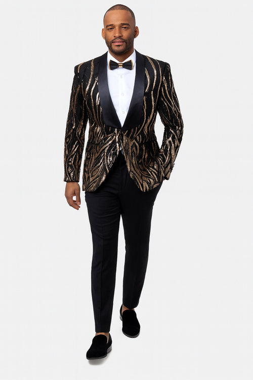 Black  Prom Tuxedo Suit - Black Wedding Suit - Mens Square Shawl Lapel Black & Gold Sequin Prom Tuxedo Jacket