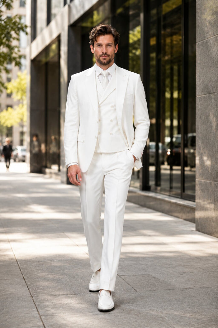 Tiglio Italian Suit - Real Wool Fabric Super 150's San Giovesse off White, Wide Leg Suit & Vest super 150 wool in Color Off White