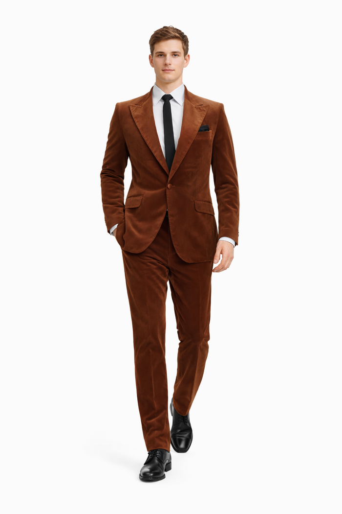Mens Brown Velvet 2-Piece Suit - Luxury Slim Fit Formal Blazer and Pants Set in Rust Copper Color by USA Men's Outlet