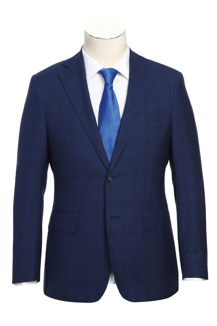 Mens Luxury Wool 2-Btn Slim Fit Notch Suit by English Laundry in Midnight Blue Windowpane Plaid - Elegant Mensattire