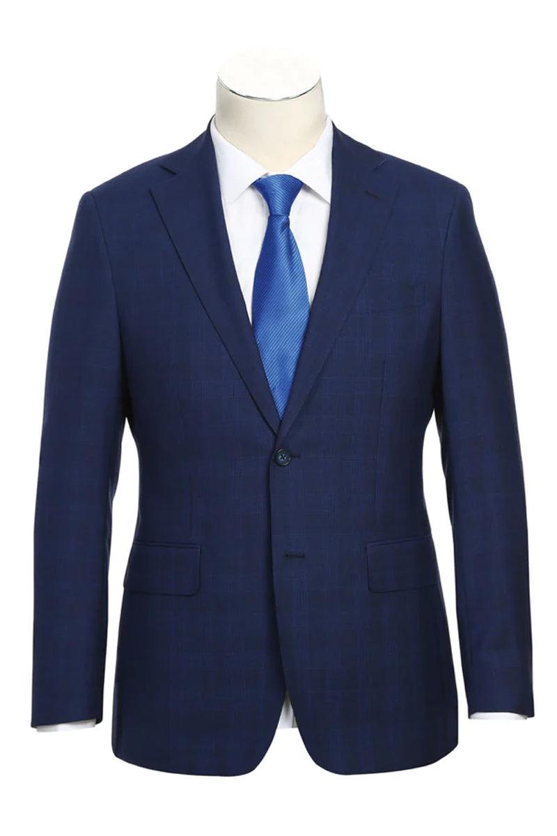Mens Luxury Wool 2-Btn Slim Fit Notch Suit by English Laundry in Midnight Blue Windowpane Plaid - Elegant Mensattire