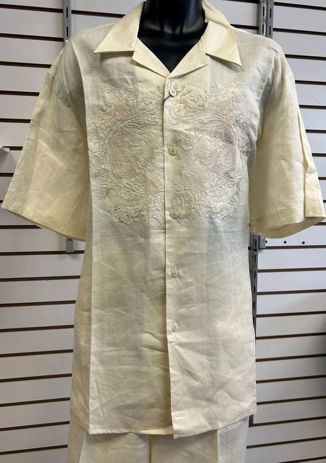 Men’s Maize Yellow Linen Walking Suit 2 Piece Short Sleeve Shirt and Pants Set