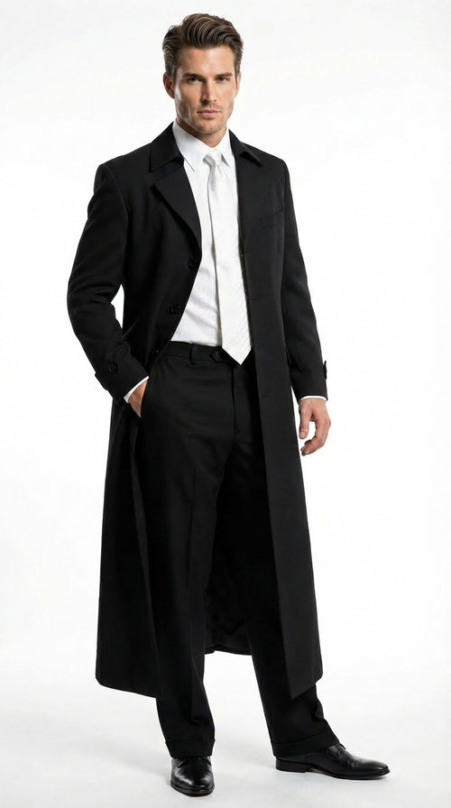 Men's Maxi  Black Full Length Zoot Suit – Vintage Gangster Style Long Coat Formal Suit