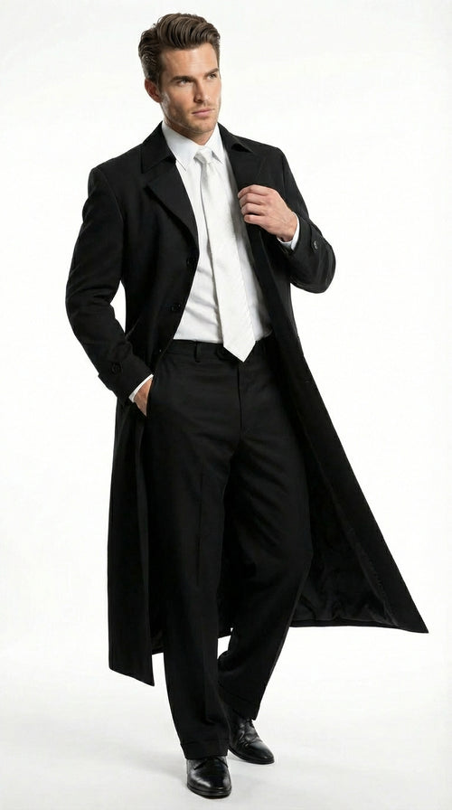 Men's Maxi  Black Full Length Zoot Suit – Vintage Gangster Style Long Coat Formal Suit