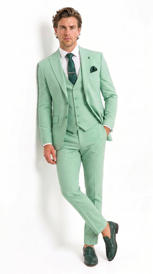 Mens Mint Green 3-Piece Suit – Slim Fit Wedding, Prom & Formal Suit with Matching Vest By Derman