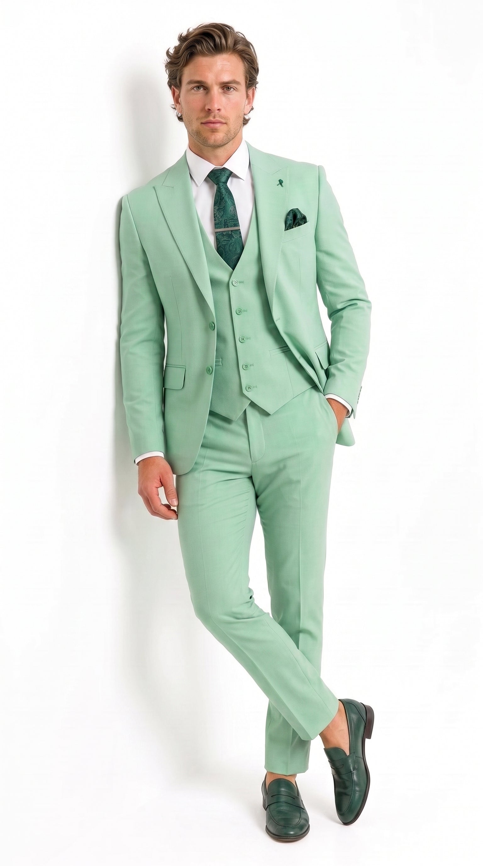Mens Mint Green 3-Piece Suit – Slim Fit Wedding, Prom & Formal Suit with Matching Vest By Derman