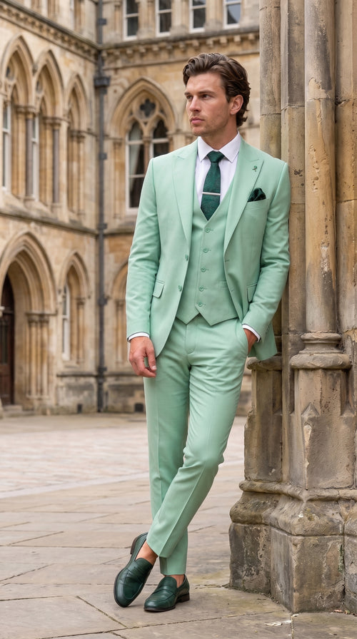 Mens Mint Green 3-Piece Suit – Slim Fit Wedding, Prom & Formal Suit with Matching Vest By Derman
