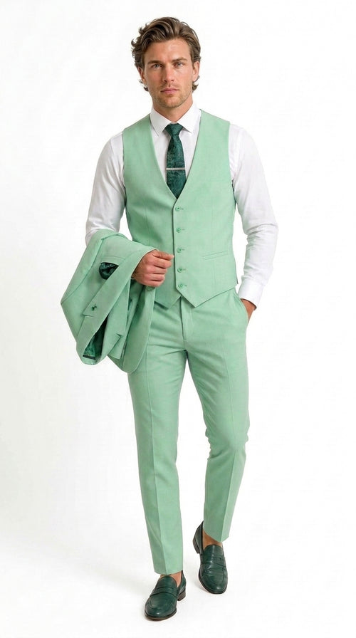 Mens Mint Green 3-Piece Suit – Slim Fit Wedding, Prom & Formal Suit with Matching Vest By Derman