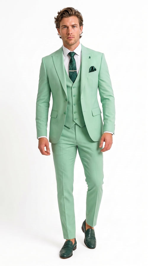 Mens Mint Green 3-Piece Suit – Slim Fit Wedding, Prom & Formal Suit with Matching Vest By Derman