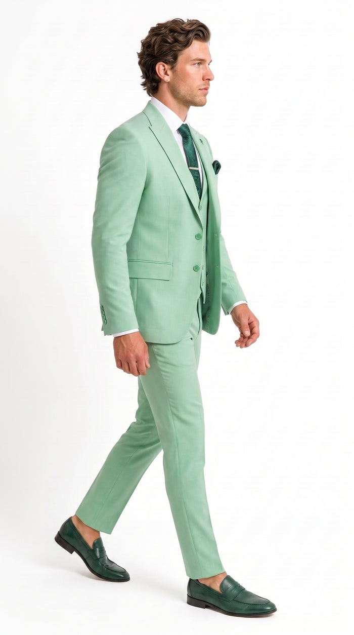 Mens Mint Green 3-Piece Suit – Slim Fit Wedding, Prom & Formal Suit with Matching Vest By Derman