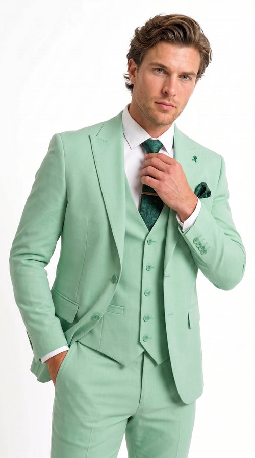 Mens Mint Green 3-Piece Suit – Slim Fit Wedding, Prom & Formal Suit with Matching Vest By Derman