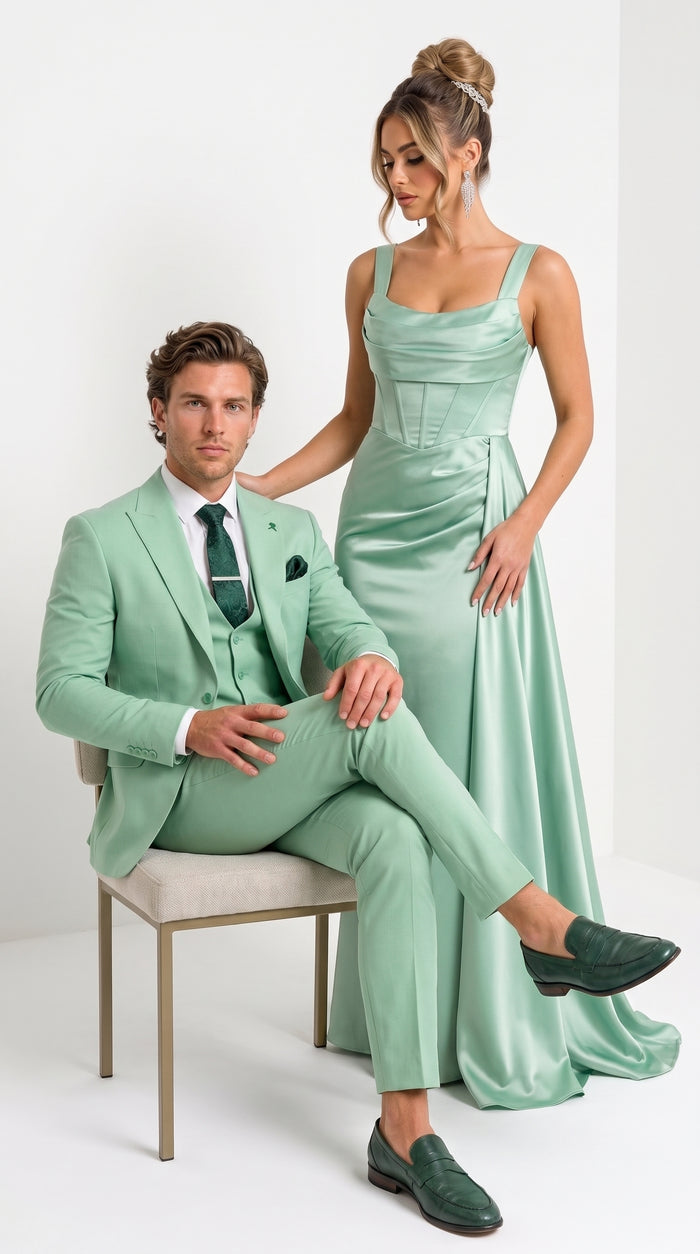 Mens Mint Green 3-Piece Suit – Slim Fit Wedding, Prom & Formal Suit with Matching Vest By Derman