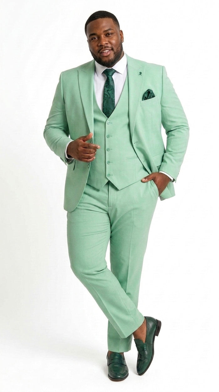Mens Mint Green 3-Piece Suit – Slim Fit Wedding, Prom & Formal Suit with Matching Vest By Derman