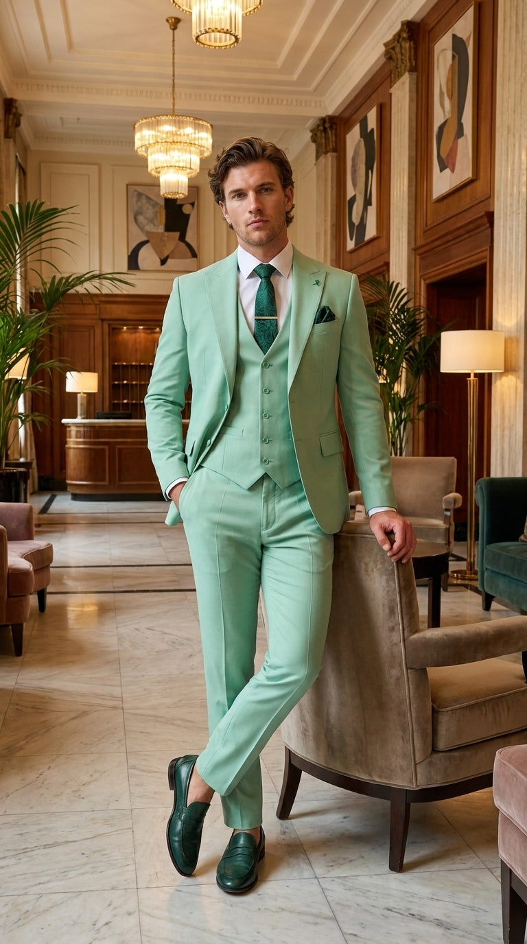 Mens Mint Green 3-Piece Suit – Slim Fit Wedding, Prom & Formal Suit with Matching Vest By Derman