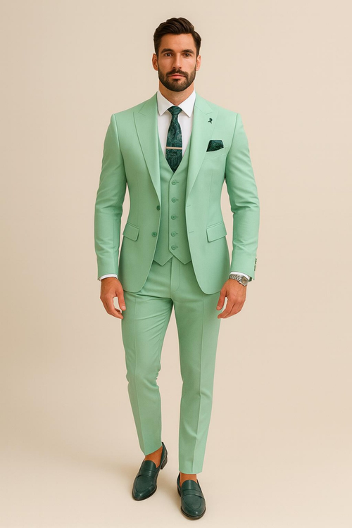 Mens Mint Green 3-Piece Suit – Slim Fit Wedding, Prom & Formal Suit with Matching Vest By Derman
