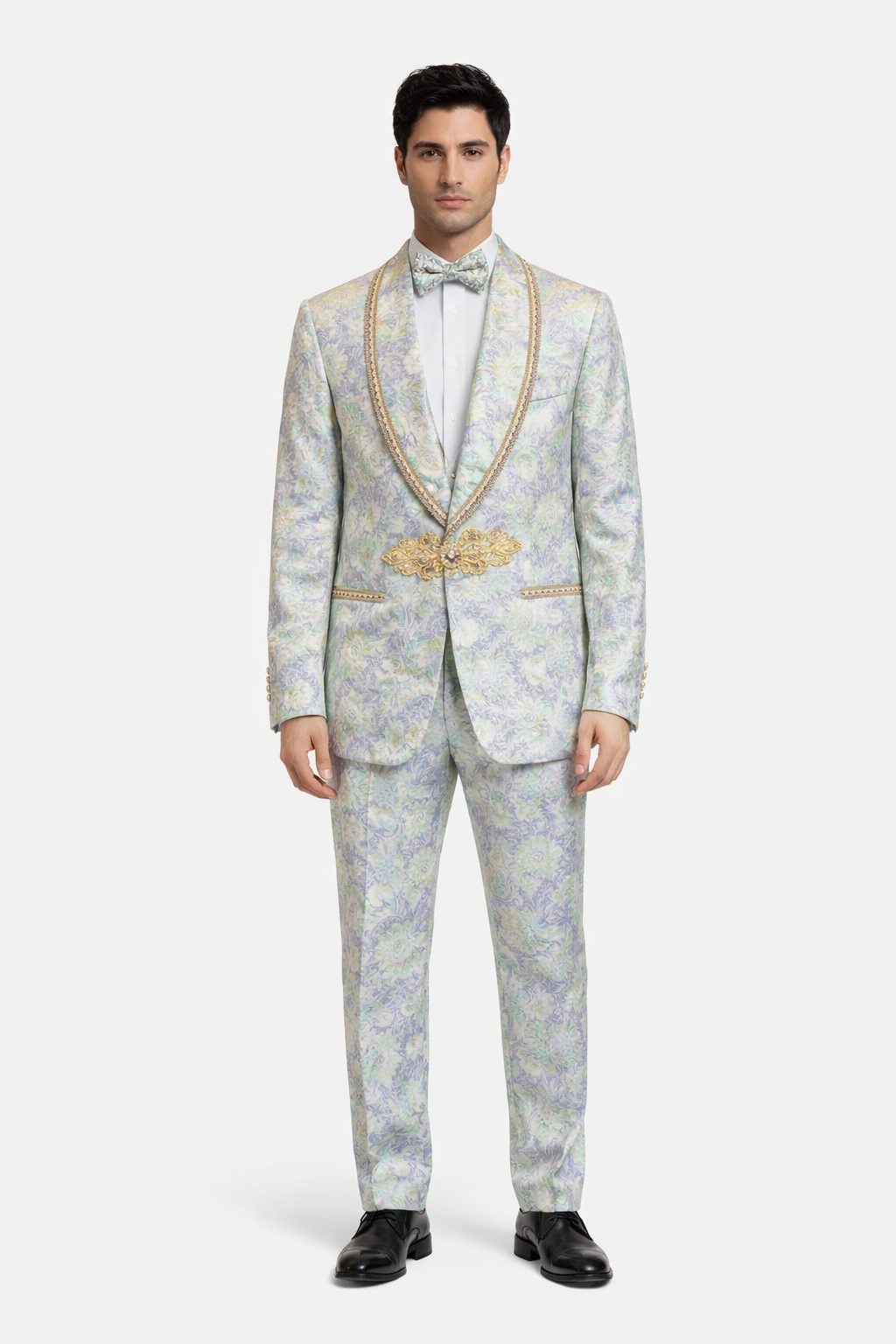 Men's Mint Green - Sage and Gold Trim Collar Floral Brocade Blazer with Gold Embellishments Prom Suit