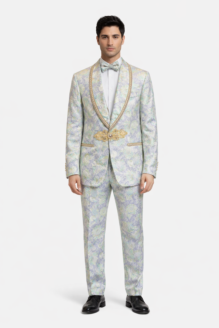 Men's Mint Green - Sage and Gold Trim Collar Floral Brocade Blazer with Gold Embellishments Prom Suit USA Men's Outlet