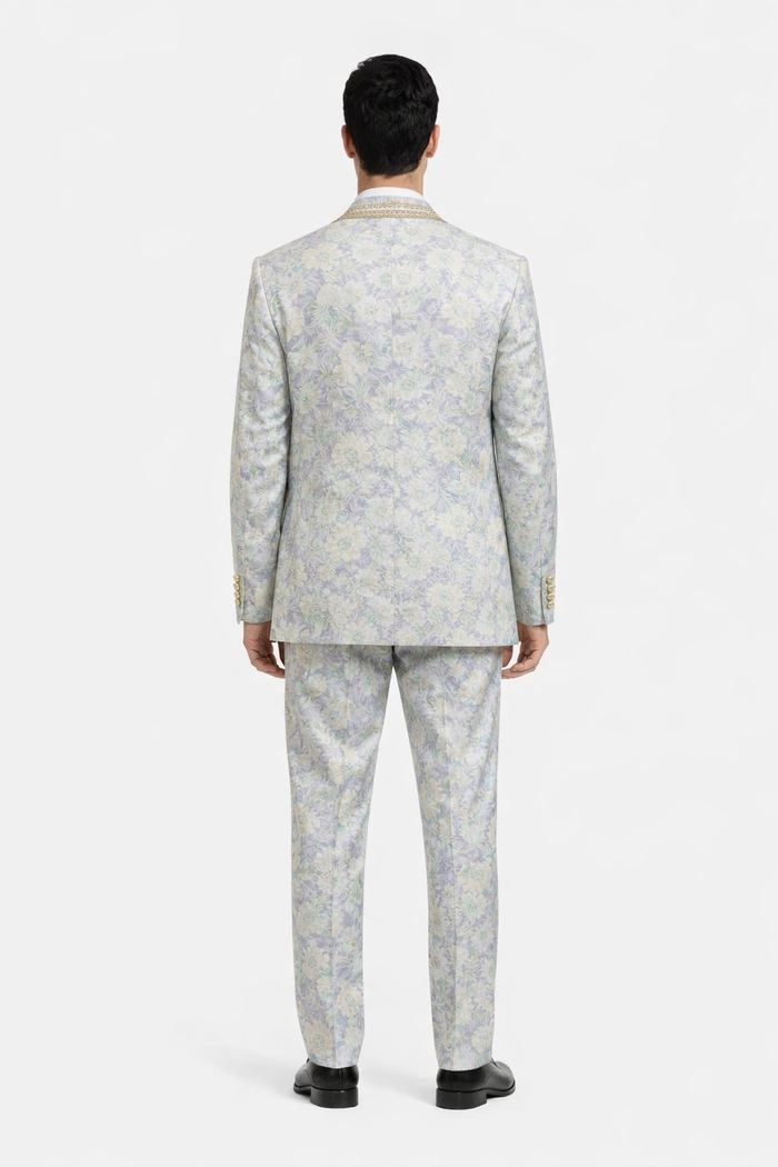 Men's Mint Green - Sage and Gold Trim Collar Floral Brocade Blazer with Gold Embellishments Prom Suit USA Men's Outlet