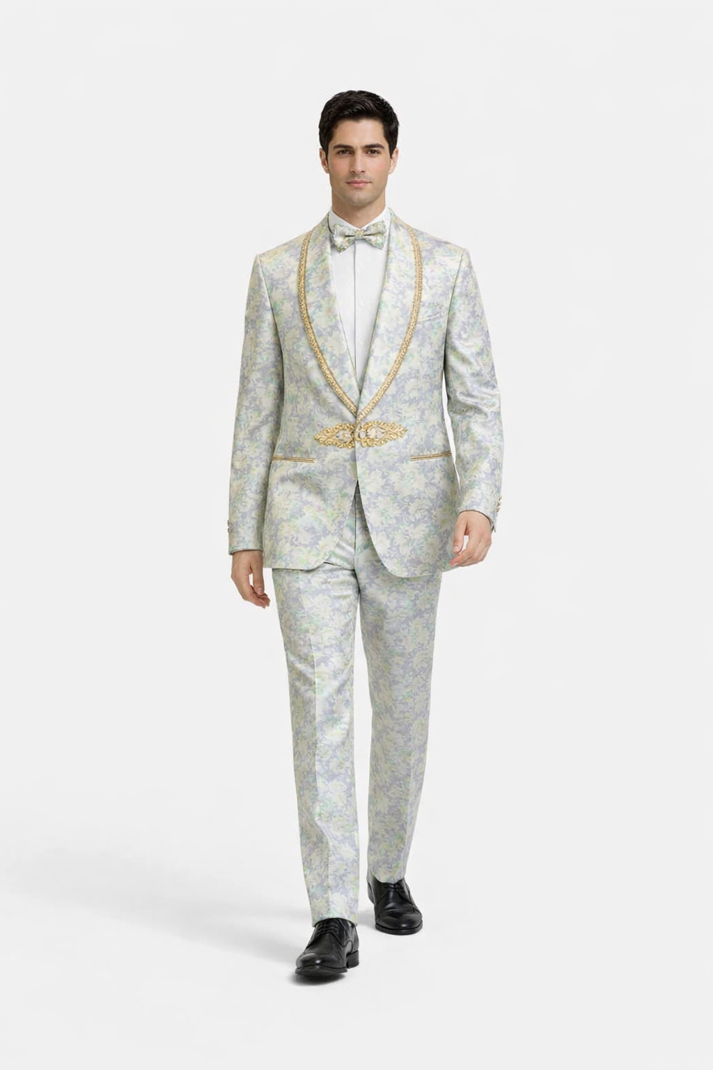Men's Mint Green - Sage and Gold Trim Collar Floral Brocade Blazer with Gold Embellishments Prom Suit