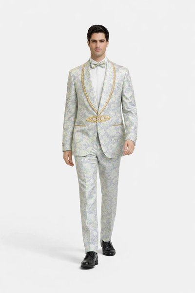 Men's Mint Green - Sage and Gold Trim Collar Floral Brocade Blazer with Gold Embellishments Prom Suit