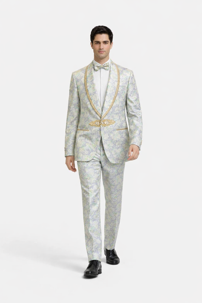 Men's Mint Green - Sage and Gold Trim Collar Floral Brocade Blazer with Gold Embellishments Prom Suit USA Men's Outlet