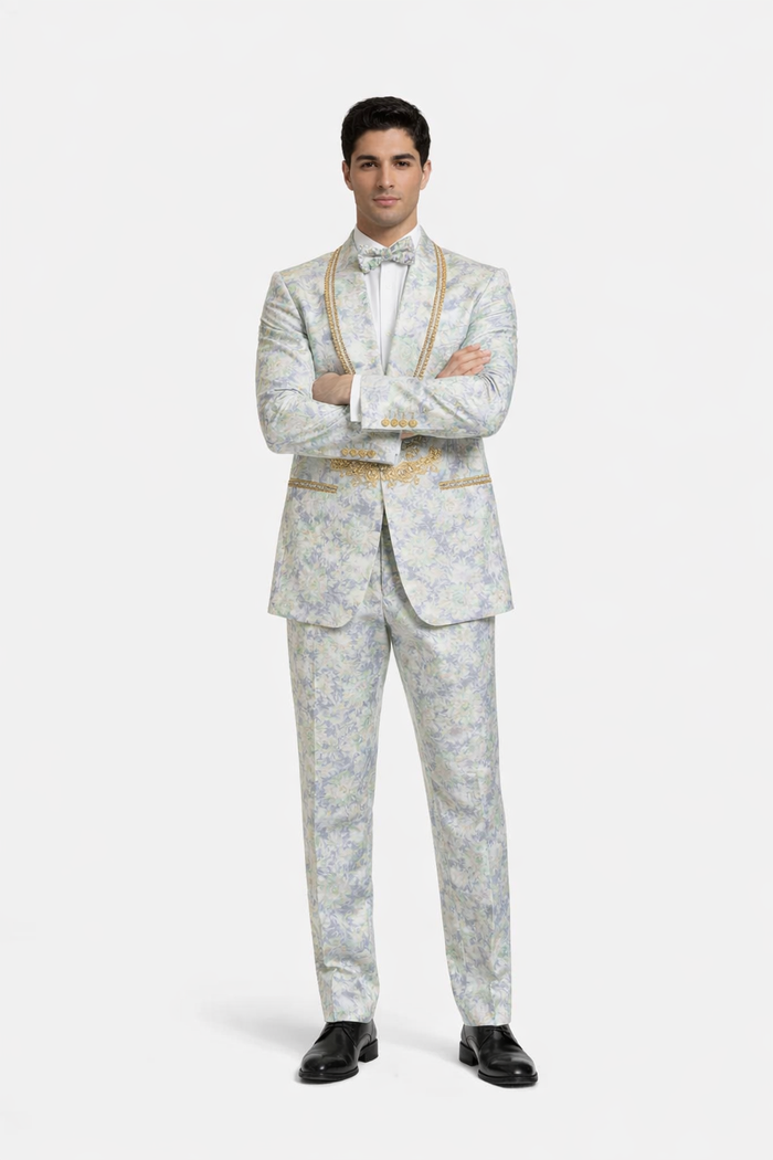 Men's Mint Green - Sage and Gold Trim Collar Floral Brocade Blazer with Gold Embellishments Prom Suit USA Men's Outlet