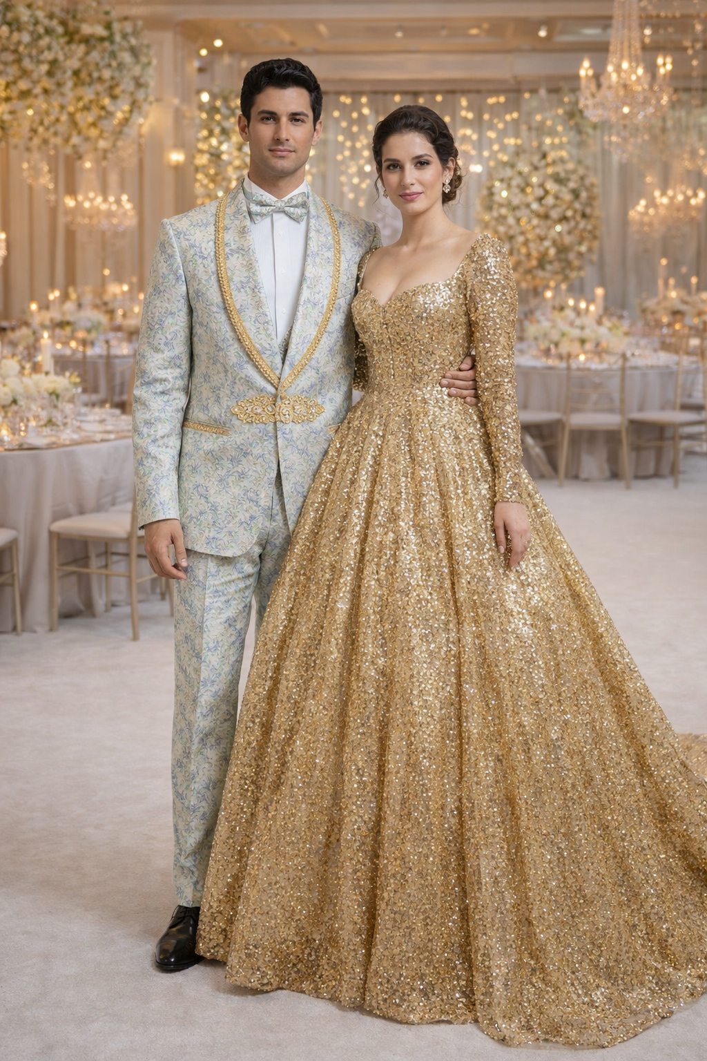 Men's Mint Green - Sage and Gold Trim Collar Floral Brocade Blazer with Gold Embellishments Prom Suit