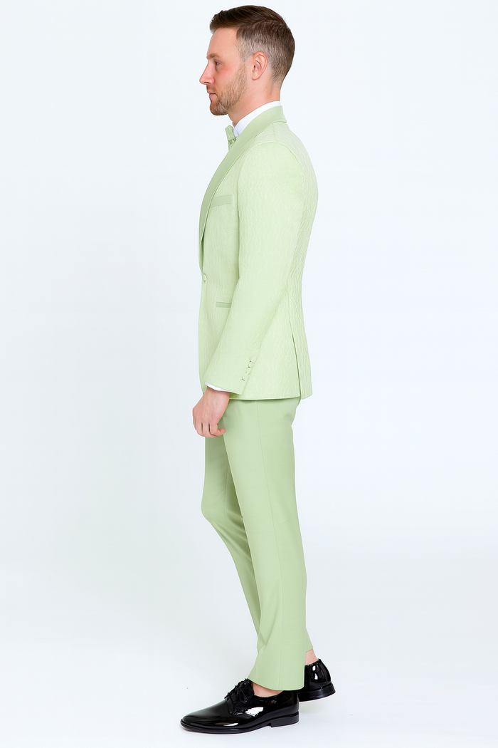 Men’s Mint Green Tuxedo Suit - Slim Fit Shawl Lapel with Matching Bow Tie in Sage Green Color - Light Green USA Men's Outlet