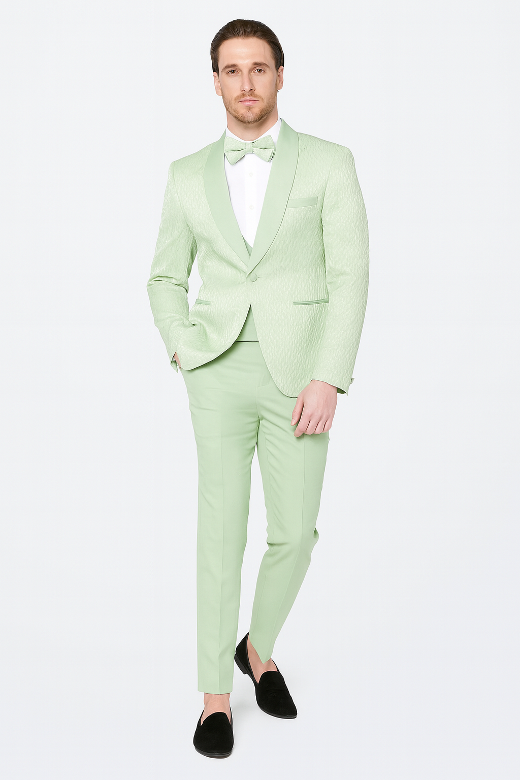 Men’s Mint Green Tuxedo Suit – Slim Fit Shawl Lapel with Matching Bow Tie in Sage Green Color - Light Green