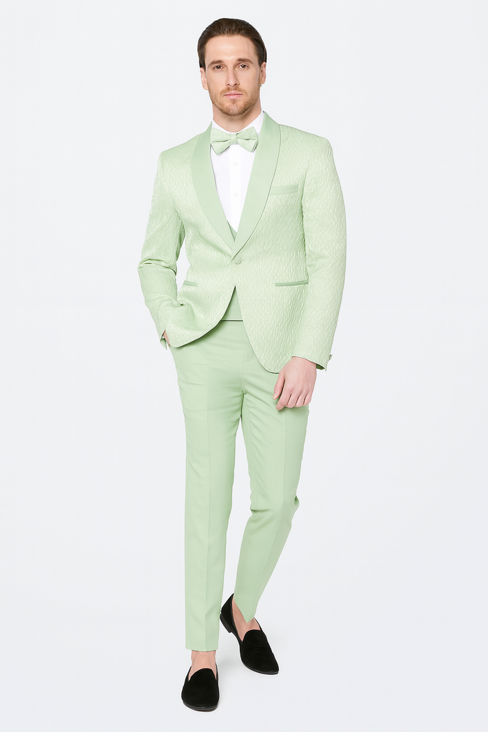 Men’s Mint Green Tuxedo Suit - Slim Fit Shawl Lapel with Matching Bow Tie in Sage Green Color - Light Green USA Men's Outlet