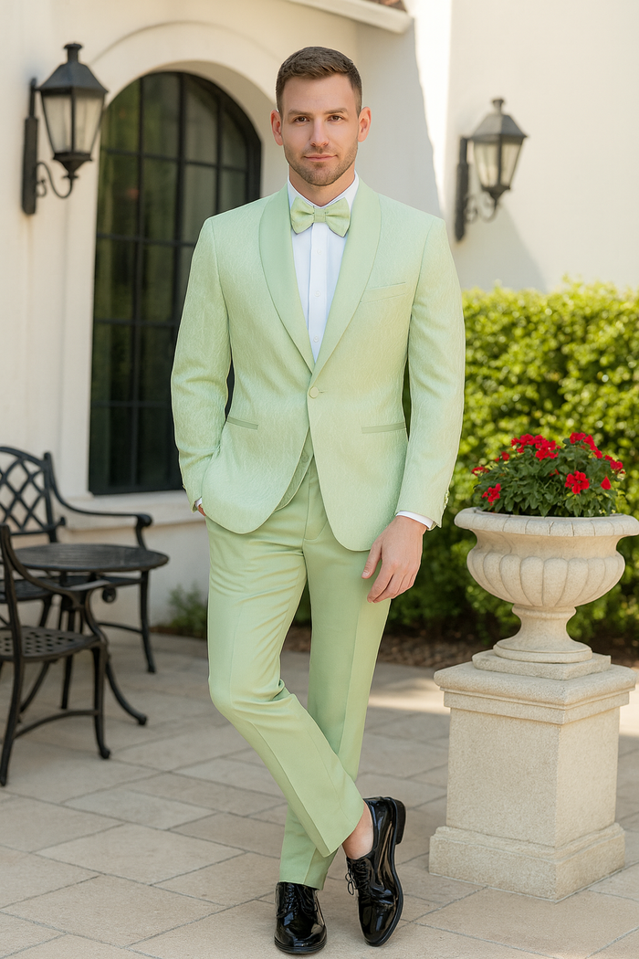 Men’s Mint Green Tuxedo Suit - Slim Fit Shawl Lapel with Matching Bow Tie in Sage Green Color - Light Green USA Men's Outlet