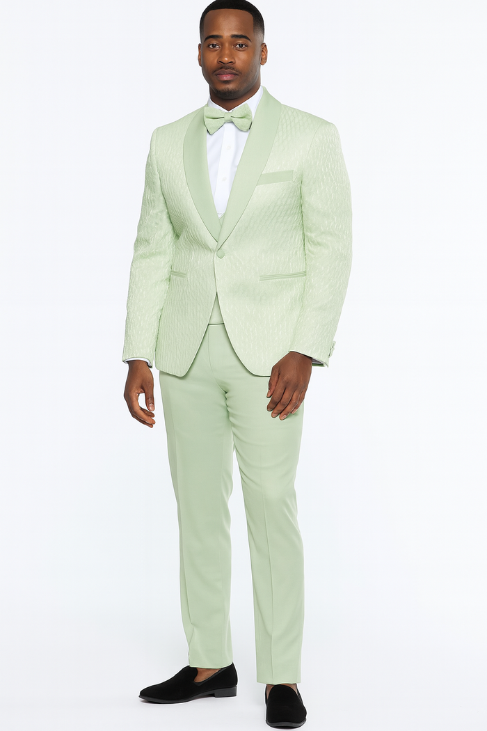 Men’s Mint Green Tuxedo Suit - Slim Fit Shawl Lapel with Matching Bow Tie in Sage Green Color - Light Green USA Men's Outlet