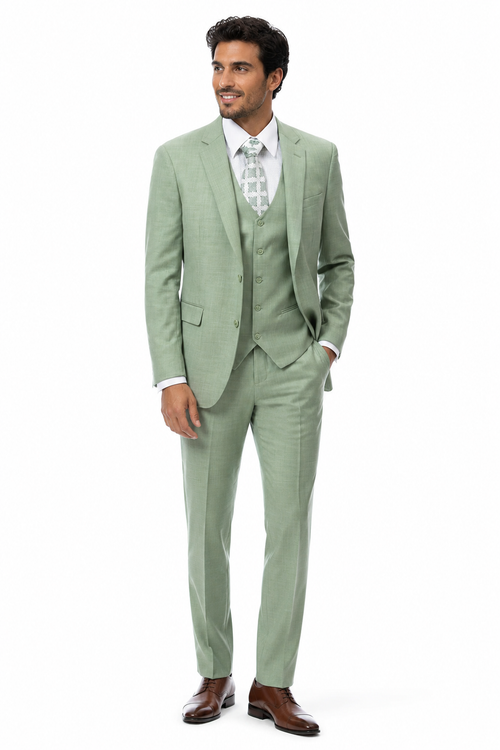 EJ Samuel Mens Modern Fit Sharkskin Vested Suit in Moss Green