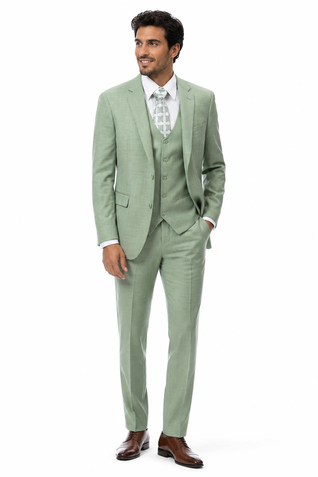 EJ Samuel Mens Modern Fit Sharkskin Vested Suit in Moss Green