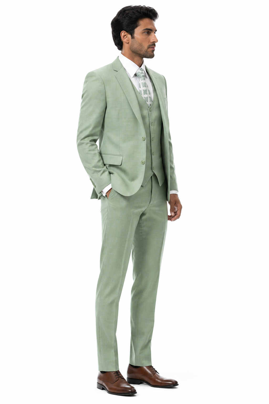 EJ Samuel Mens Modern Fit Sharkskin Vested Suit in Moss Green