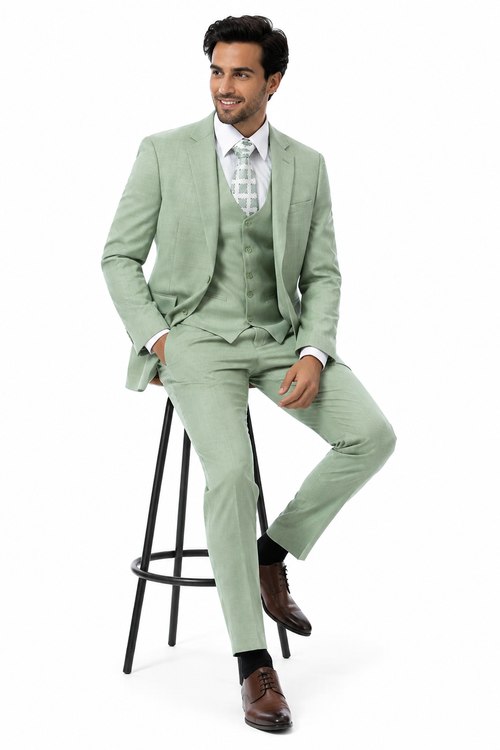 EJ Samuel Mens Modern Fit Sharkskin Vested Suit in Moss Green