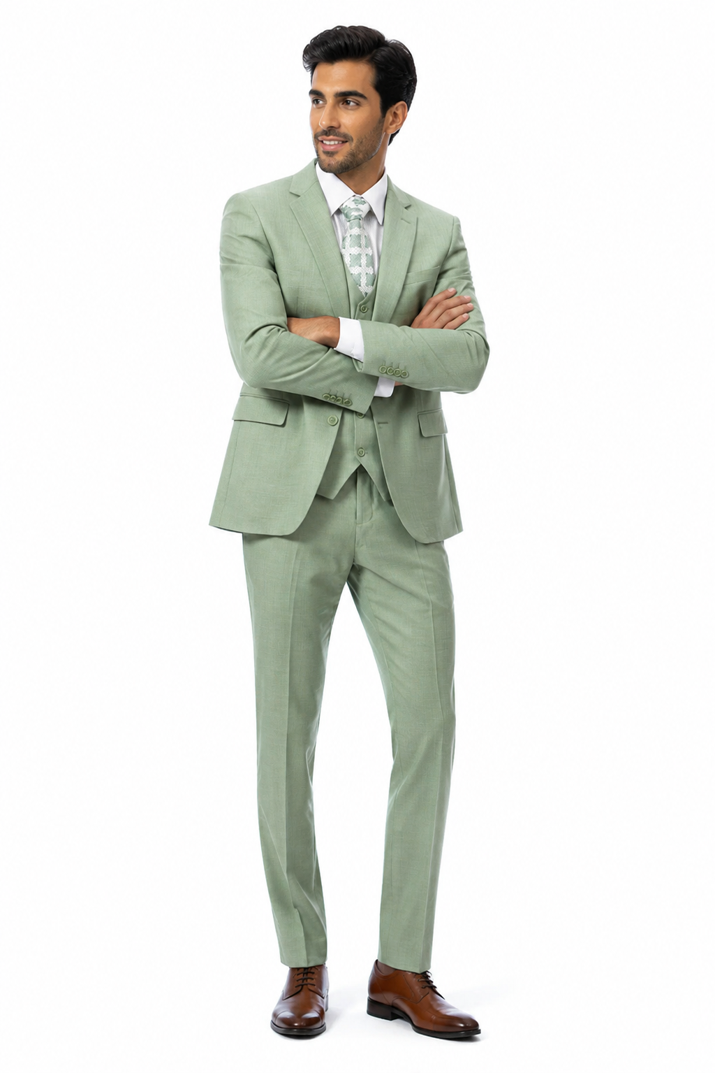 EJ Samuel Mens Modern Fit Sharkskin Vested Suit in Moss Green
