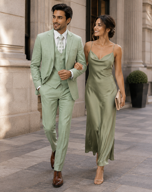 EJ Samuel Mens Modern Fit Sharkskin Vested Suit in Moss Green