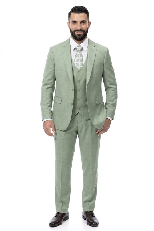 EJ Samuel Mens Modern Fit Sharkskin Vested Suit in Moss Green