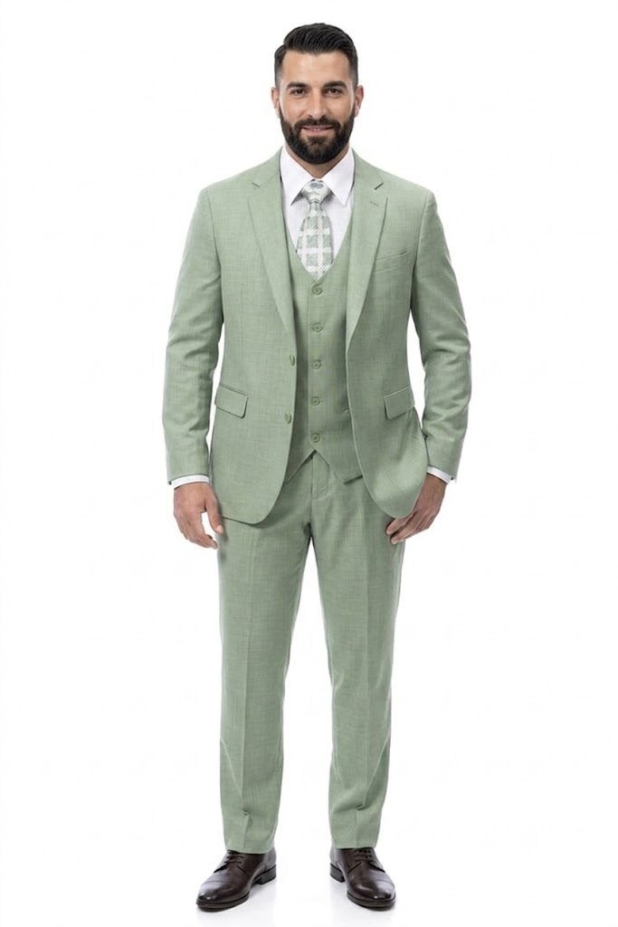 EJ Samuel Mens Modern Fit Sharkskin Vested Suit in Moss Green