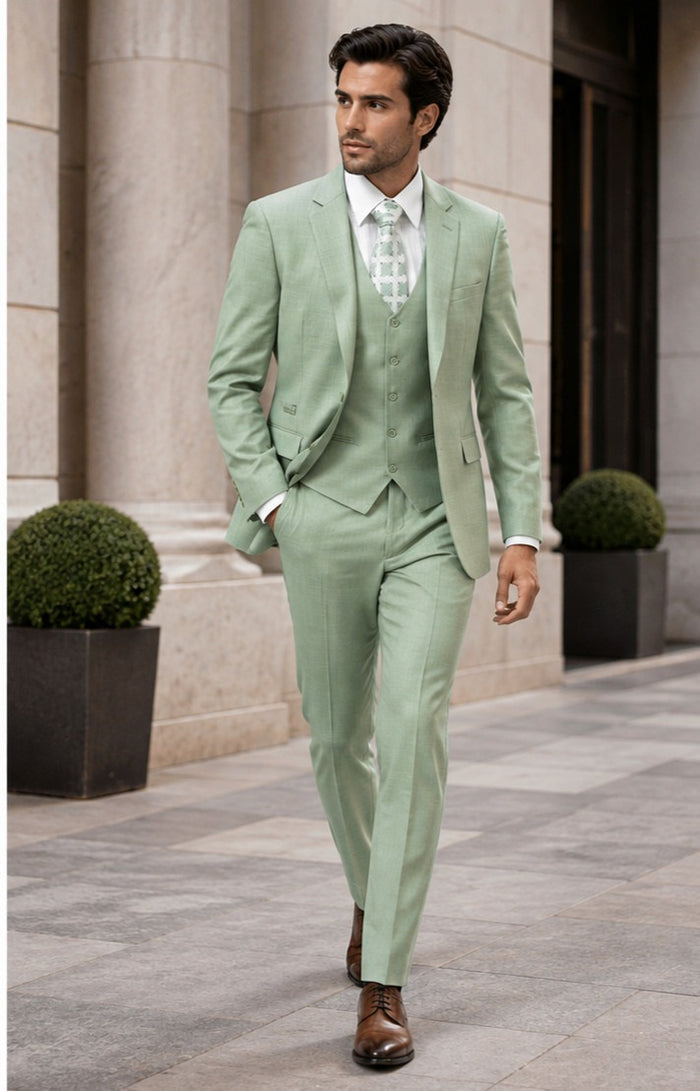 EJ Samuel Mens Modern Fit Sharkskin Vested Suit in Moss Green