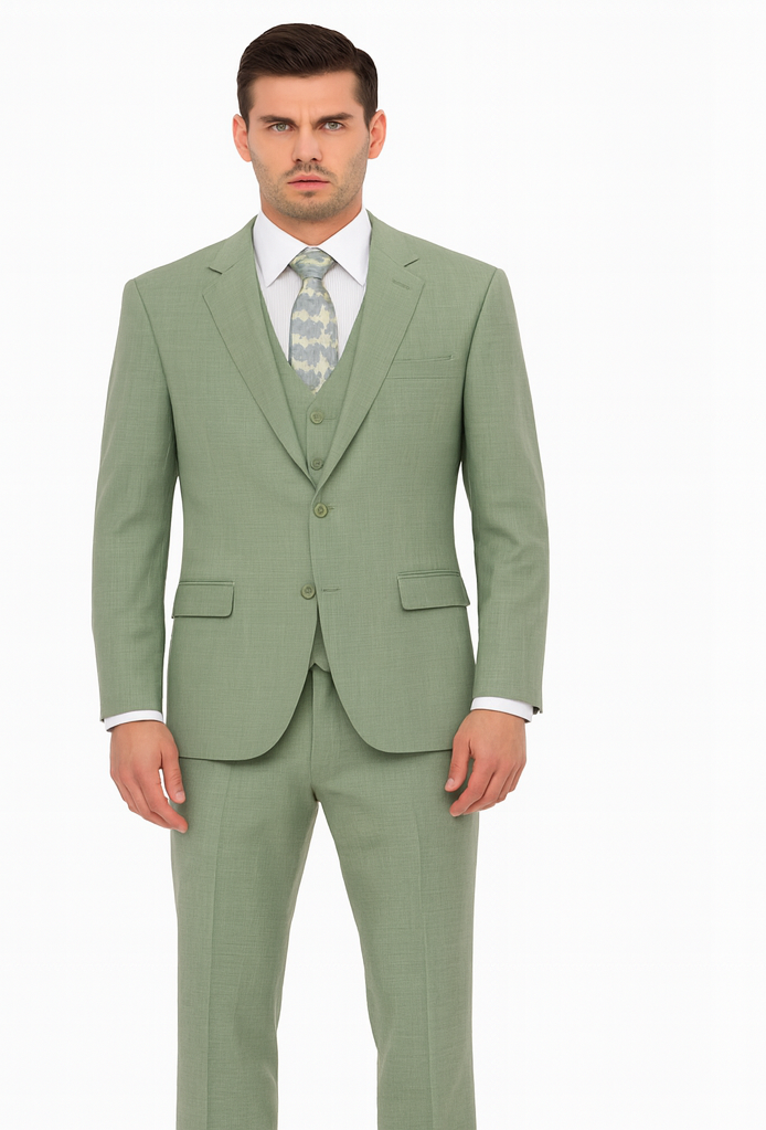 Mens Modern Fit Two Button Vested Sharkskin Green Business Suit