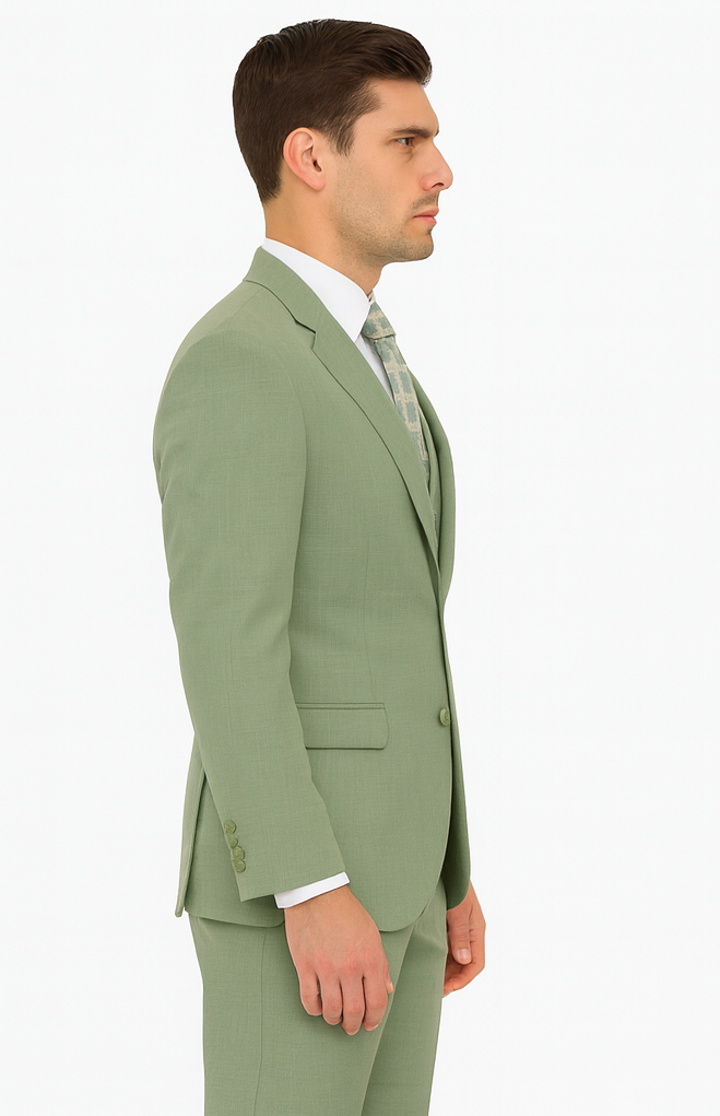 Mens Modern Fit Two Button Vested Sharkskin Green Business Suit